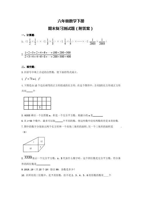 六年级数学下册期末复习测试题(附答案)