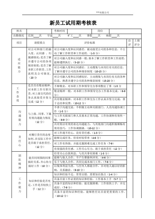 新员工试用期考核表