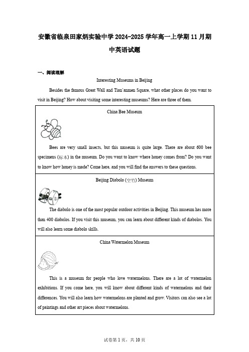 安徽省临泉田家炳实验中学2024-2025学年高一上学期11月期中英语试题