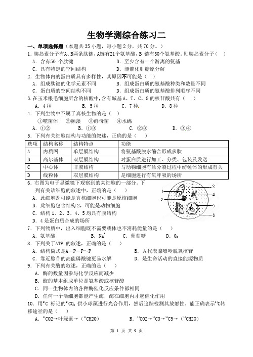 生物学测综合练习二(必修一和必修三,含答案)