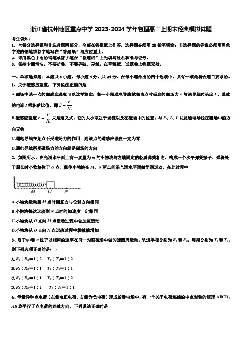 浙江省杭州地区重点中学2023-2024学年物理高二上期末经典模拟试题含解析