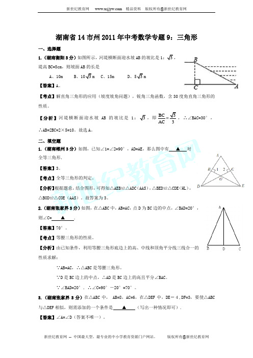 湖南省14市州2011年中考数学专题9：三角形