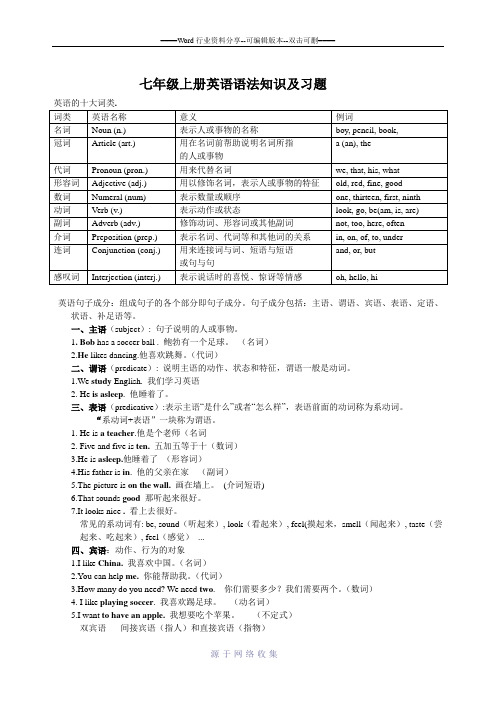 2013年人教版七年级上册英语语法知识及习题