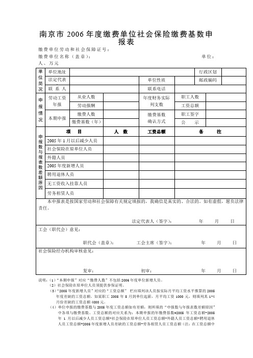 南京市2006年度缴费单位社会保险缴费基数申报表