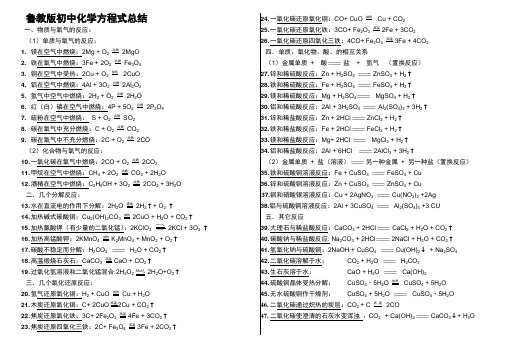 鲁教版初中化学方程式大全