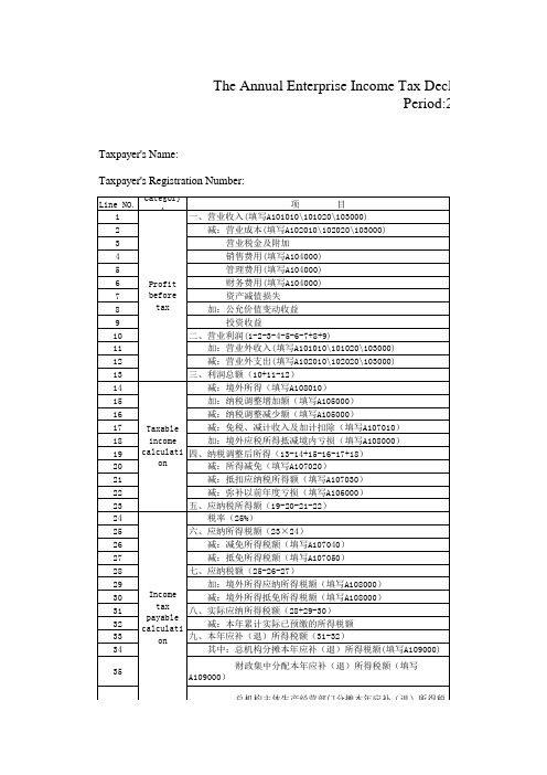 版企业所得税年度纳税申报表 A类 中英文版