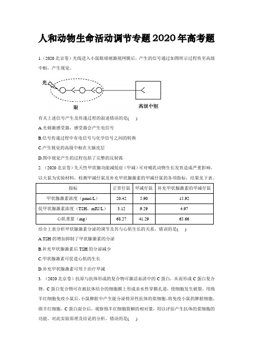 高中生物人和动物的生命活动调节专题2020年高考题汇总附答案