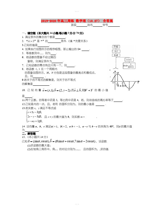 2019-2020年高三周练 数学理(10.27) 含答案