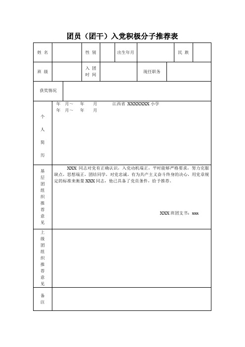 团员(团干)入党积极分子推荐表填写模板