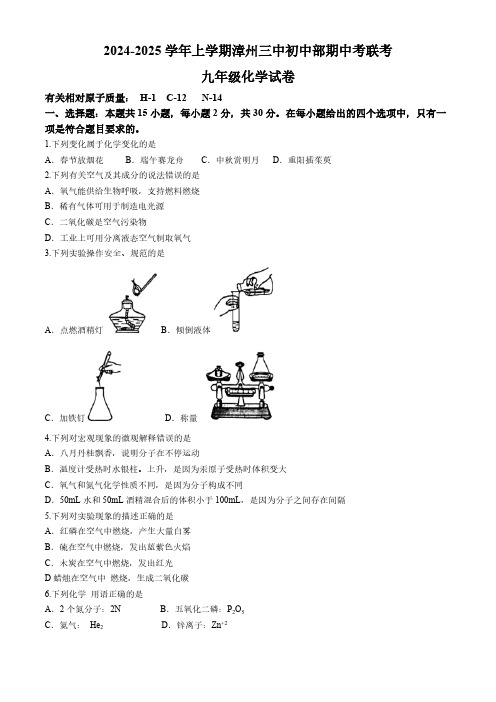 福建省漳州市第三中学初中部2024-2025学年九年级上学期期中考试化学试卷(含答案)