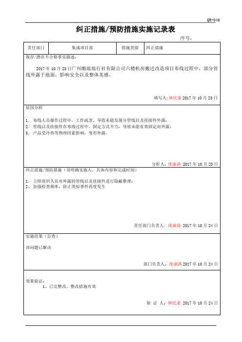 9不符合纠正措施实施记录表