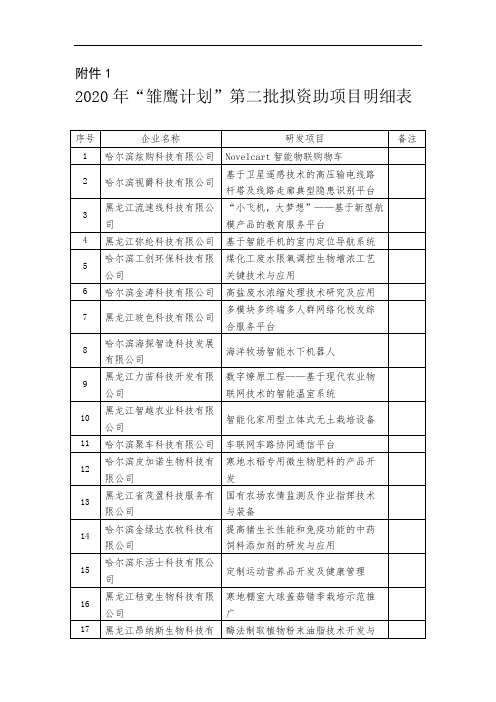 2020年“雏鹰计划”第二批拟资助项目明细表