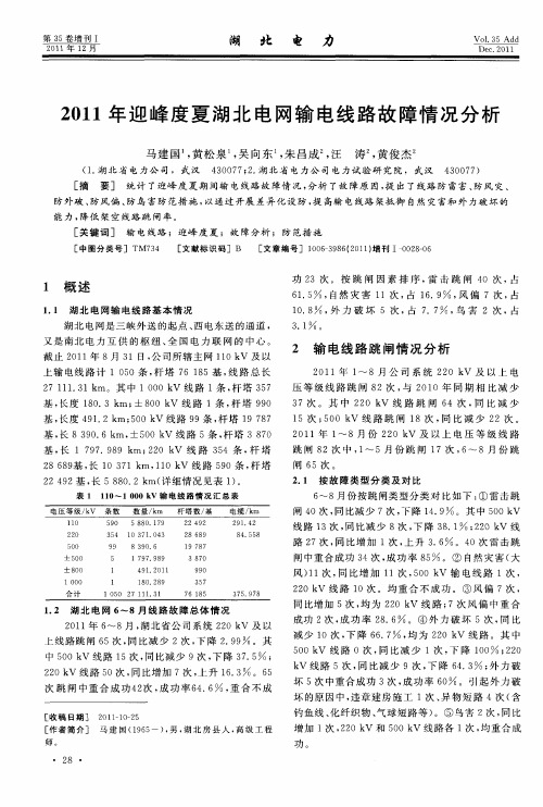 2011年迎峰度夏湖北电网输电线路故障情况分析