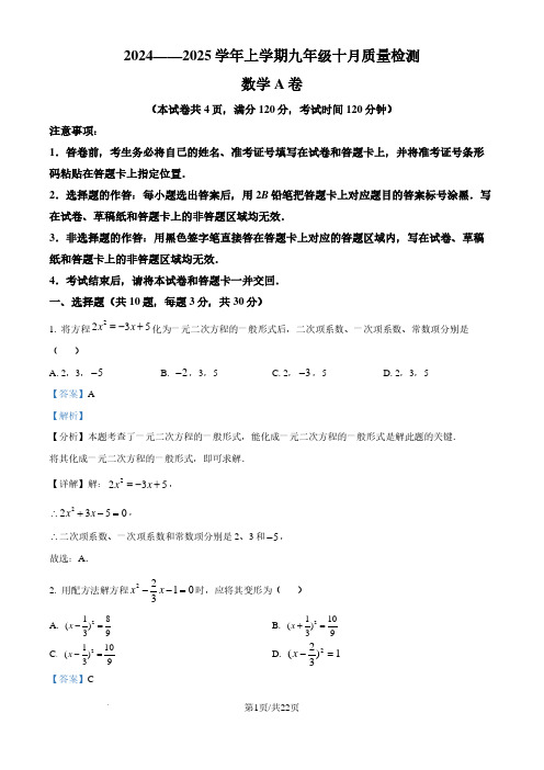 湖北省孝感市2024-2025学年上学期10月质量检测九年级数学试题(解析版)