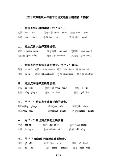 2021年苏教版六年级下册语文选择正确读音(表格)