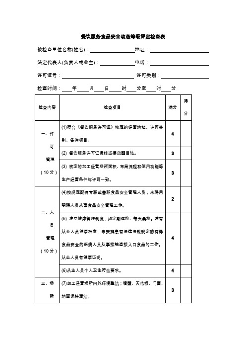 餐饮服务食品安全动态等级评定检查表