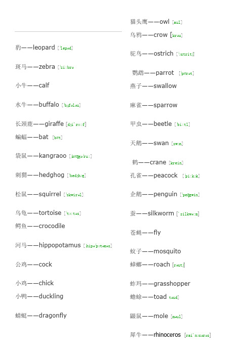 各种动物的英文名