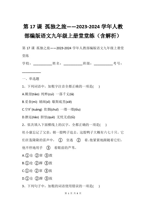 第17课 孤独之旅——2023-2024学年人教部编版语文九年级上册堂堂练(含解析)