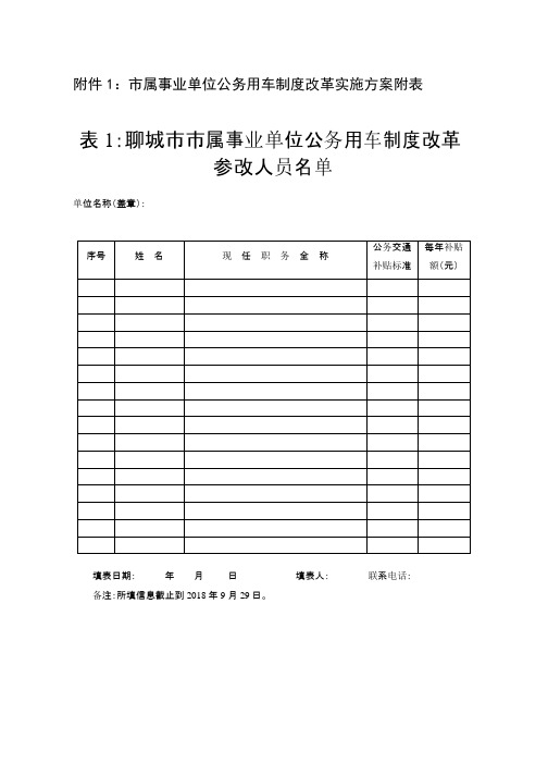 属事业单位公务用车制度改革实施方案附表