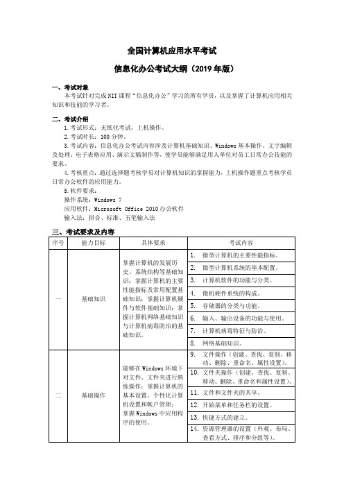 全国计算机应用水平考试信息化办公考试大纲(2019年版)