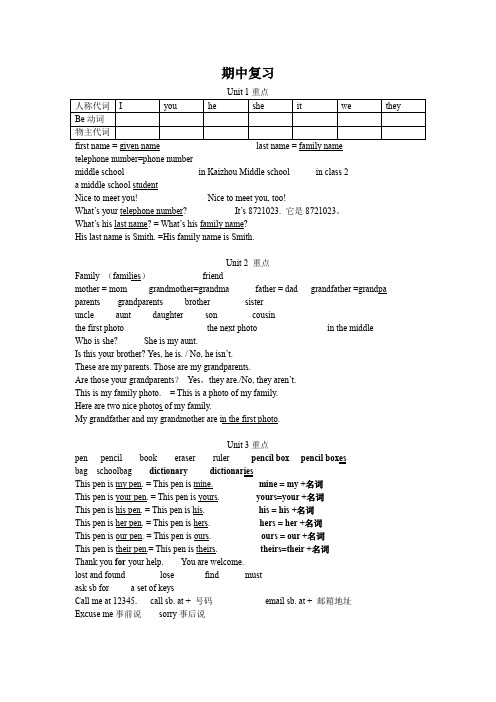 starter unit1-unit3期中复习人教版英语七年级上册