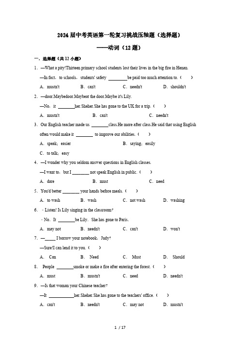 2024届中考英语第一轮复习挑战压轴题(选择题)——动词(12题)含答案