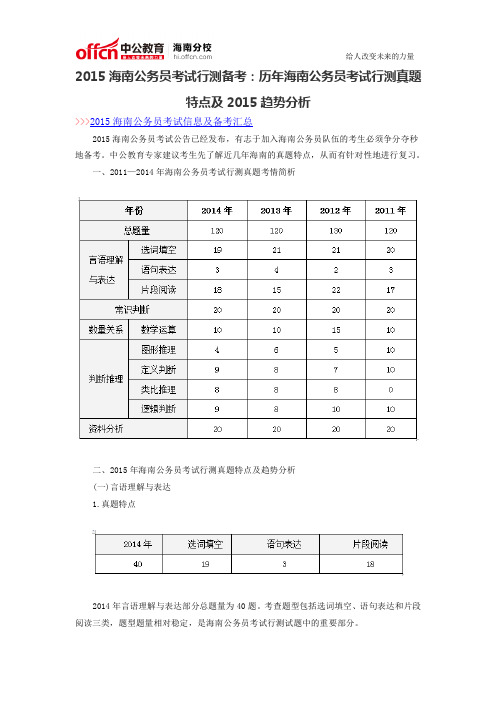 2015海南公务员考试行测备考：历年海南公务员考试行测真题特点及2015趋势分析