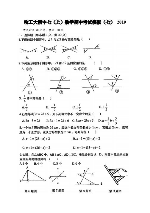 黑龙江省哈尔滨市哈工大附中2019-2020学年七年级(上)数学期中模拟卷七  PDF版