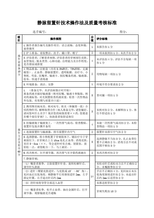 静脉留置针技术操作法及质量考核标准