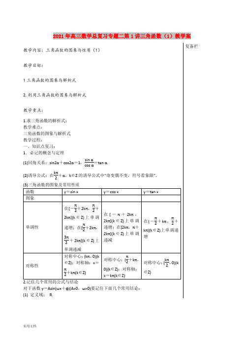 2021-2022年高三数学总复习专题二第1讲三角函数(1)教学案