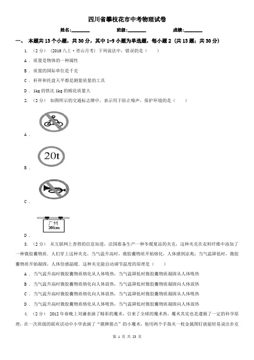 四川省攀枝花市中考物理试卷