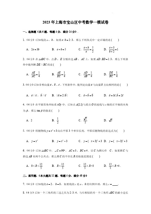 2023上海宝山区中考数学一模试卷及答案