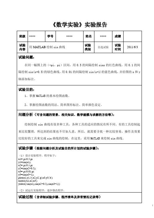 《数学实验》实验报告——用MATLAB绘制sin曲线