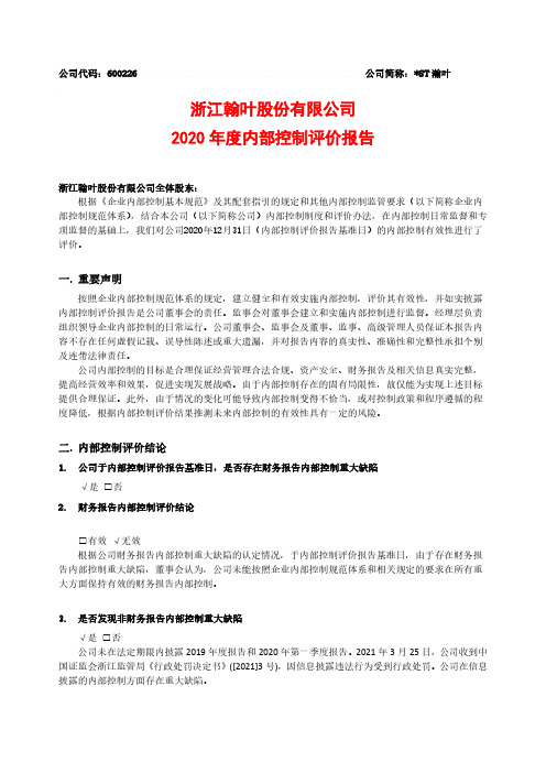 瀚叶：浙江瀚叶股份有限公司2020年度内部控制评价报告