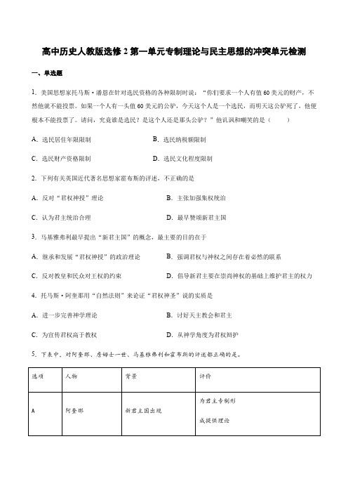 高中历史人教版选修2第一单元专制理论与民主思想的冲突单元检测