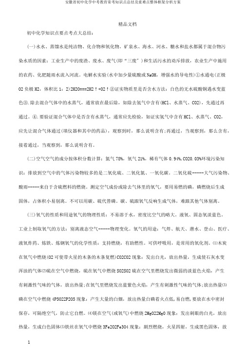 安徽省初中化学中考教育常考知识点总结及重难点整体框架分析计划