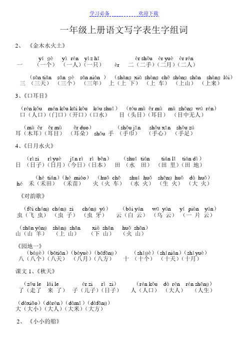 部编版一年级上册语文写字表生字组词