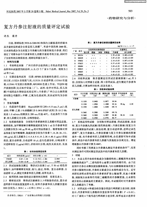 复方丹参注射液的质量评定试验