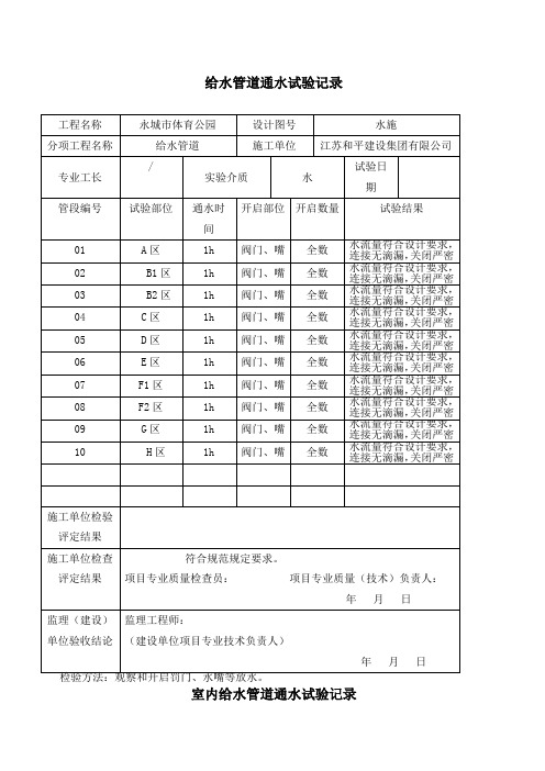 室内给水管道通水实验记录