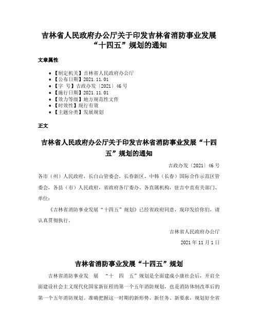 吉林省人民政府办公厅关于印发吉林省消防事业发展“十四五”规划的通知