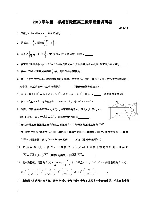 上海市普陀区2019届高三一模数学卷word版(附详细答案)