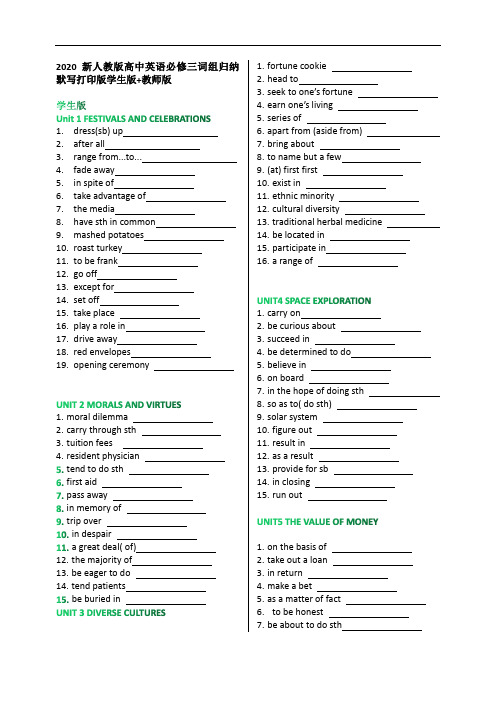 2020 新人教版高中英语必修三词组归纳默写打印版学生版+教师版