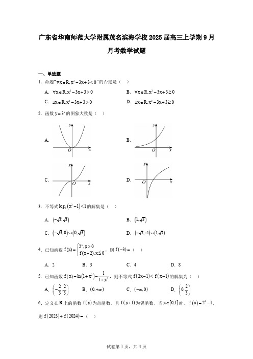 广东省华南师范大学附属茂名滨海学校2025届高三上学期9月月考数学试题