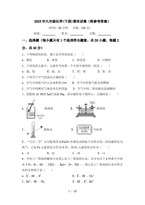 2023年九年级化学(下册)期末试卷(附参考答案)