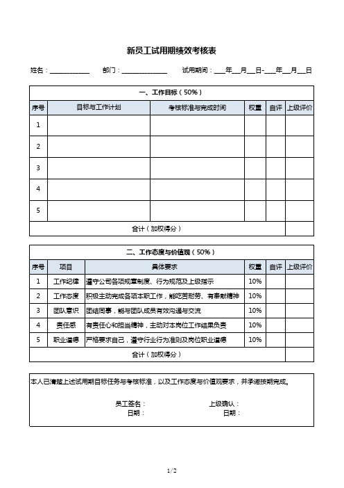 新员工试用期绩效考核表