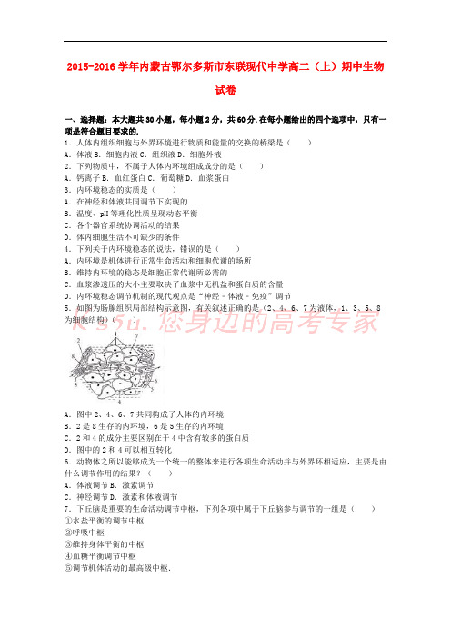 内蒙古鄂尔多斯市东联现代中学2015-2016学年高二生物上学期期中试卷(含解析)