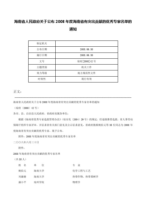 海南省人民政府关于公布2008年度海南省有突出贡献的优秀专家名单的通知-琼府[2008]42号