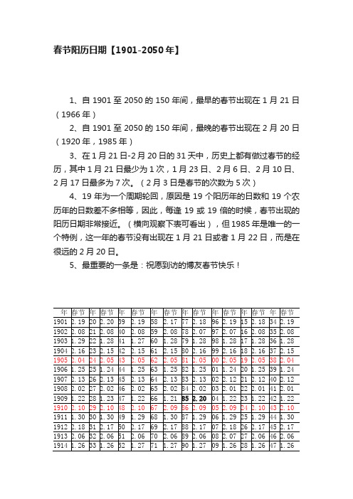 春节阳历日期【1901-2050年】