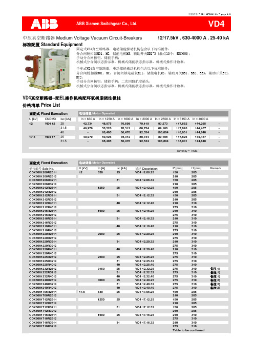 VD4-12断路器价格表(2014)