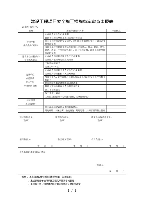 建设工程项目安全施工措施备案审查申报表